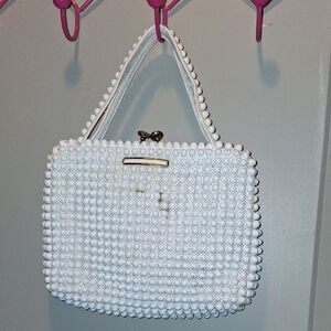 White Textured Clutch with Beaded Handle